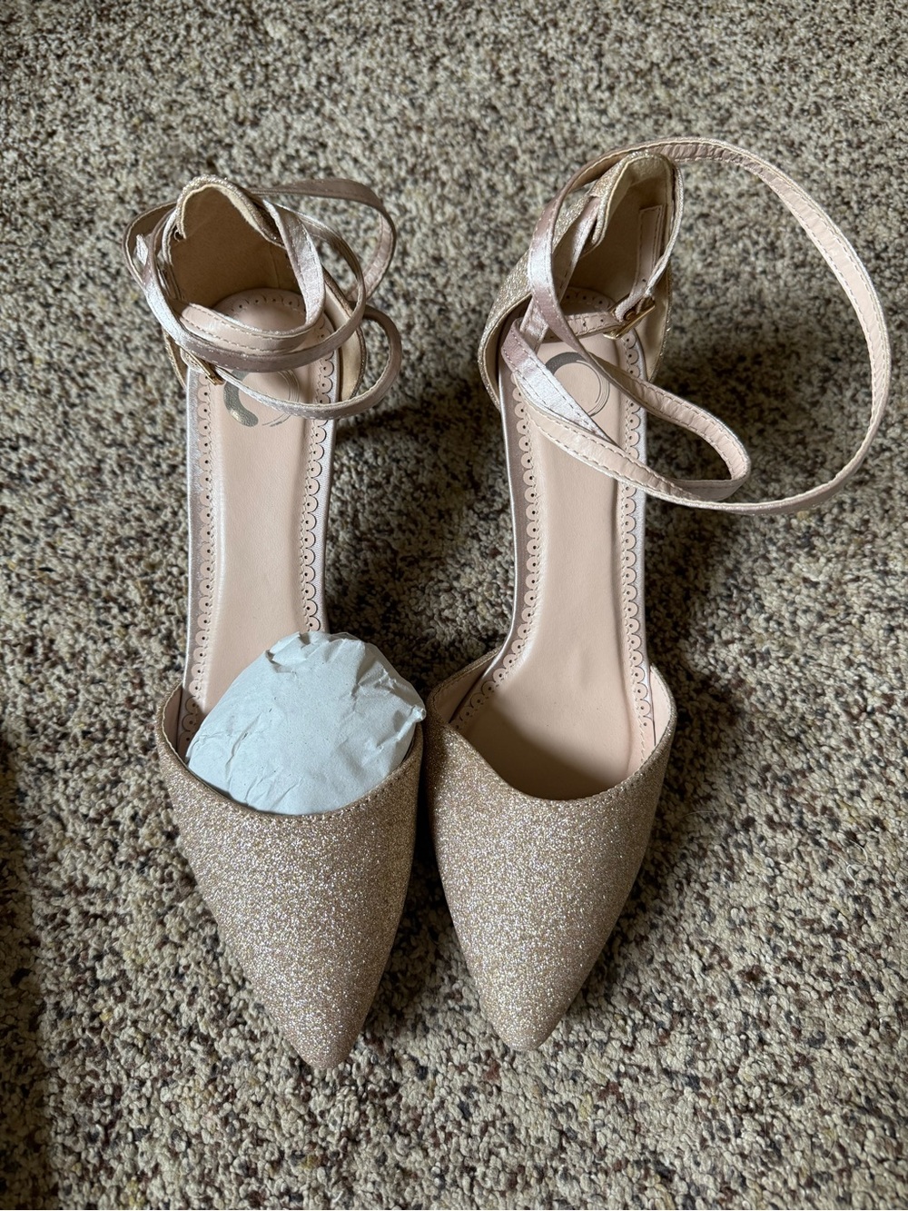 Women’s Glitter Ankle-Strap Pointed Flats in Rose Gold